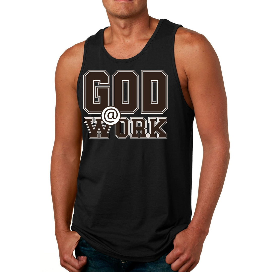 Mens Fitness Tank Top Graphic T-shirt God @ Work Brown and White Print - Mens