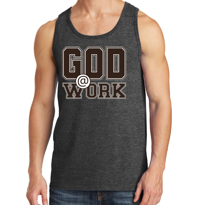 Mens Fitness Tank Top Graphic T-shirt God @ Work Brown and White Print - Mens