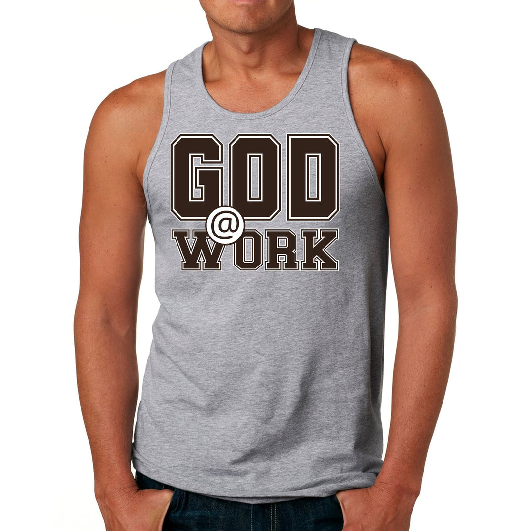 Mens Fitness Tank Top Graphic T-shirt God @ Work Brown and White Print - Mens