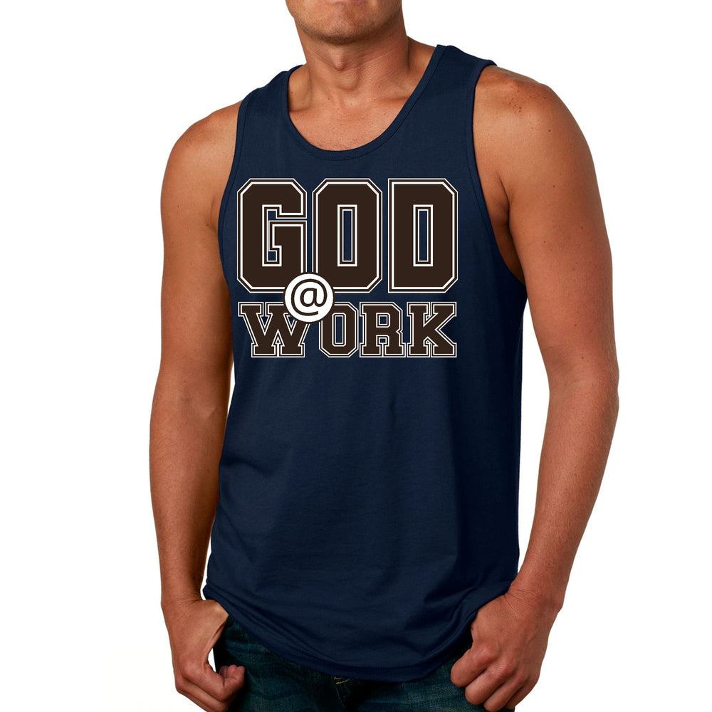 Mens Fitness Tank Top Graphic T-shirt God @ Work Brown and White Print - Mens