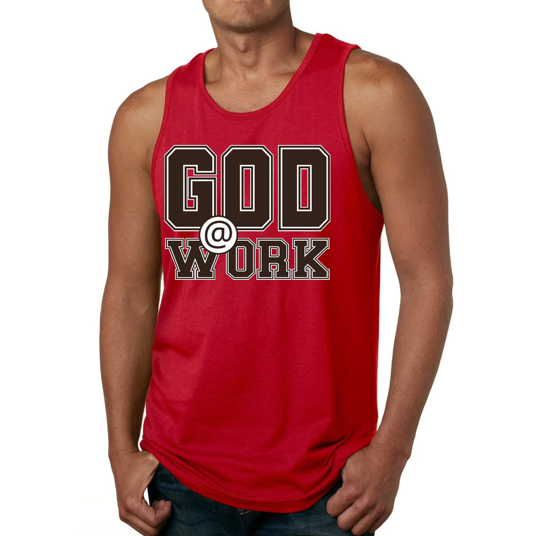 Mens Fitness Tank Top Graphic T-shirt God @ Work Brown and White Print - Mens