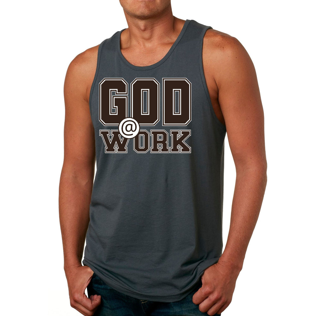 Mens Fitness Tank Top Graphic T-shirt God @ Work Brown and White Print - Mens