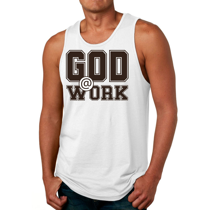 Mens Fitness Tank Top Graphic T-shirt God @ Work Brown and White Print - Mens