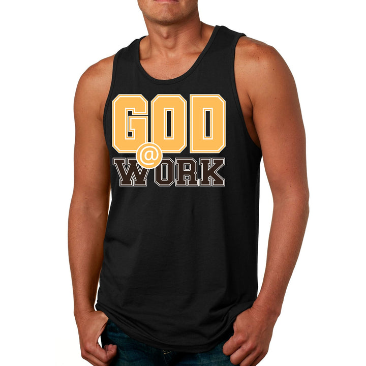 Mens Fitness Tank Top Graphic T-shirt God @ Work Golden Yellow - Mens | Tank