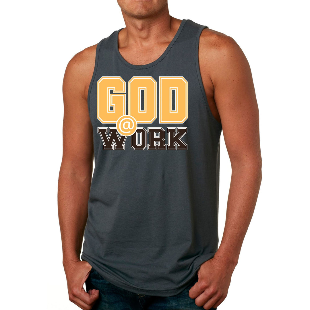 Mens Fitness Tank Top Graphic T-shirt God @ Work Golden Yellow - Mens | Tank