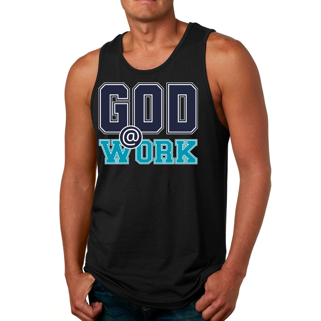 Mens Fitness Tank Top Graphic T-shirt God @ Work Navy Blue and Blue - Mens