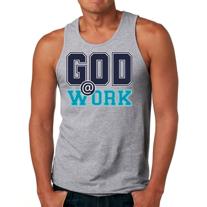 Mens Fitness Tank Top Graphic T-shirt God @ Work Navy Blue and Blue - Mens