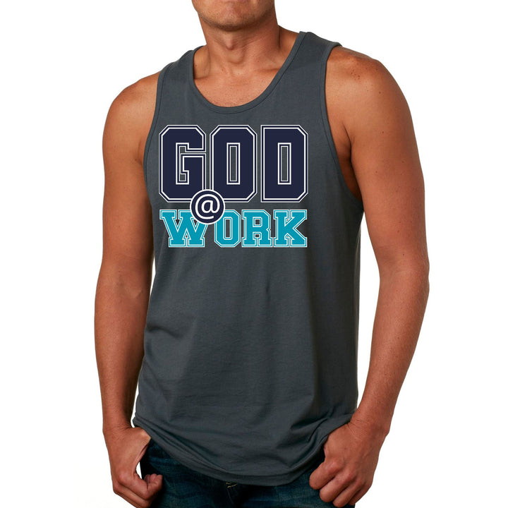 Mens Fitness Tank Top Graphic T-shirt God @ Work Navy Blue and Blue - Mens