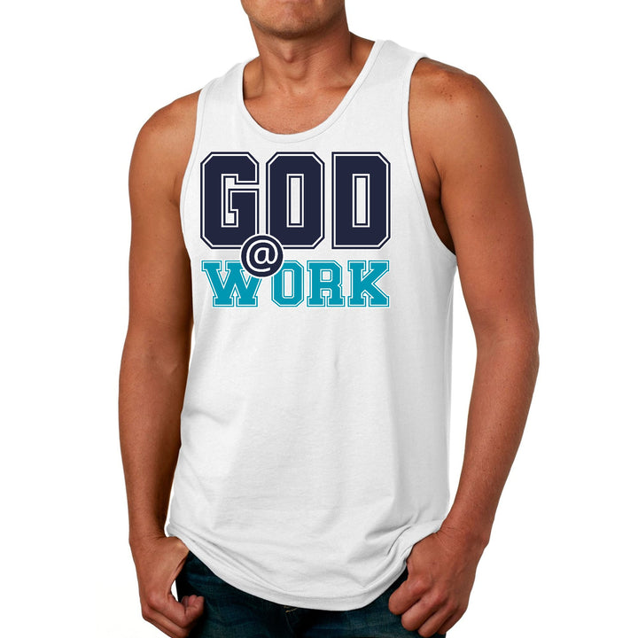 Mens Fitness Tank Top Graphic T-shirt God @ Work Navy Blue and Blue - Mens