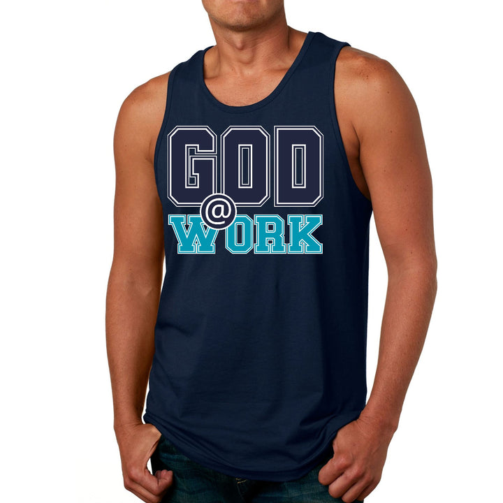 Mens Fitness Tank Top Graphic T-shirt God @ Work Navy Blue and Blue - Mens