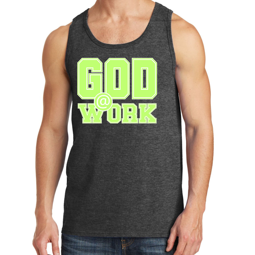 Mens Fitness Tank Top Graphic T-shirt God @ Work Neon Green and White - Mens