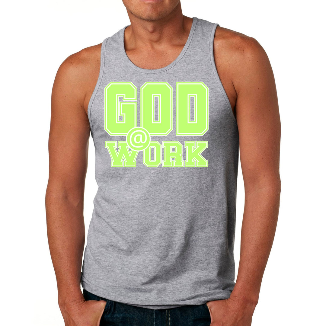 Mens Fitness Tank Top Graphic T-shirt God @ Work Neon Green and White - Mens