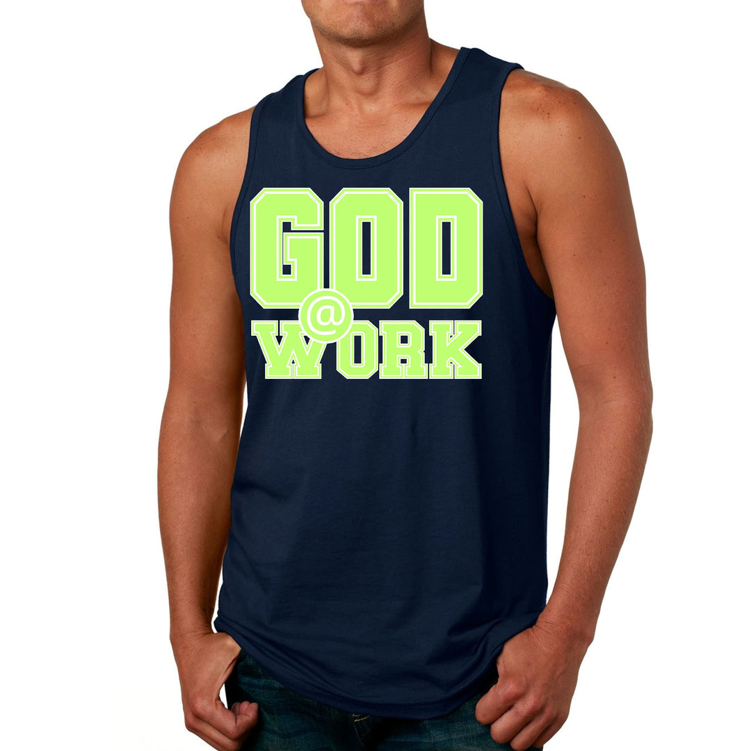 Mens Fitness Tank Top Graphic T-shirt God @ Work Neon Green and White - Mens