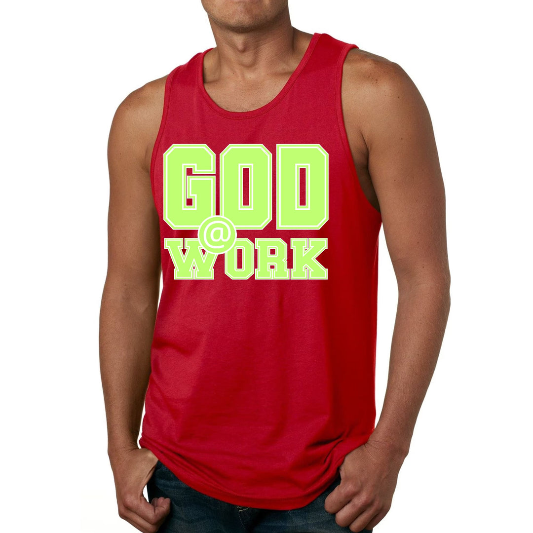 Mens Fitness Tank Top Graphic T-shirt God @ Work Neon Green and White - Mens