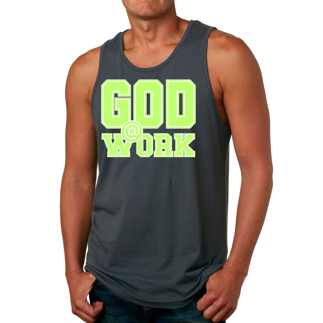 Mens Fitness Tank Top Graphic T-shirt God @ Work Neon Green and White - Mens