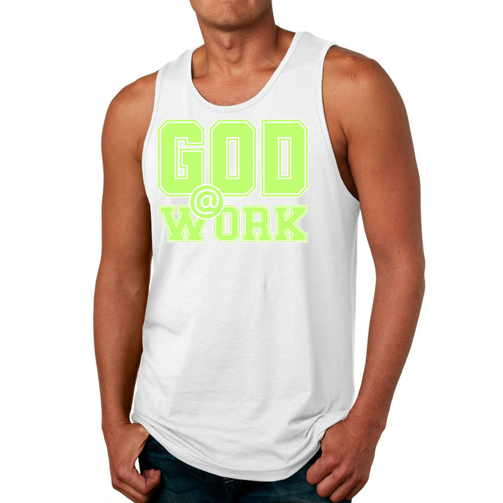 Mens Fitness Tank Top Graphic T-shirt God @ Work Neon Green and White - Mens