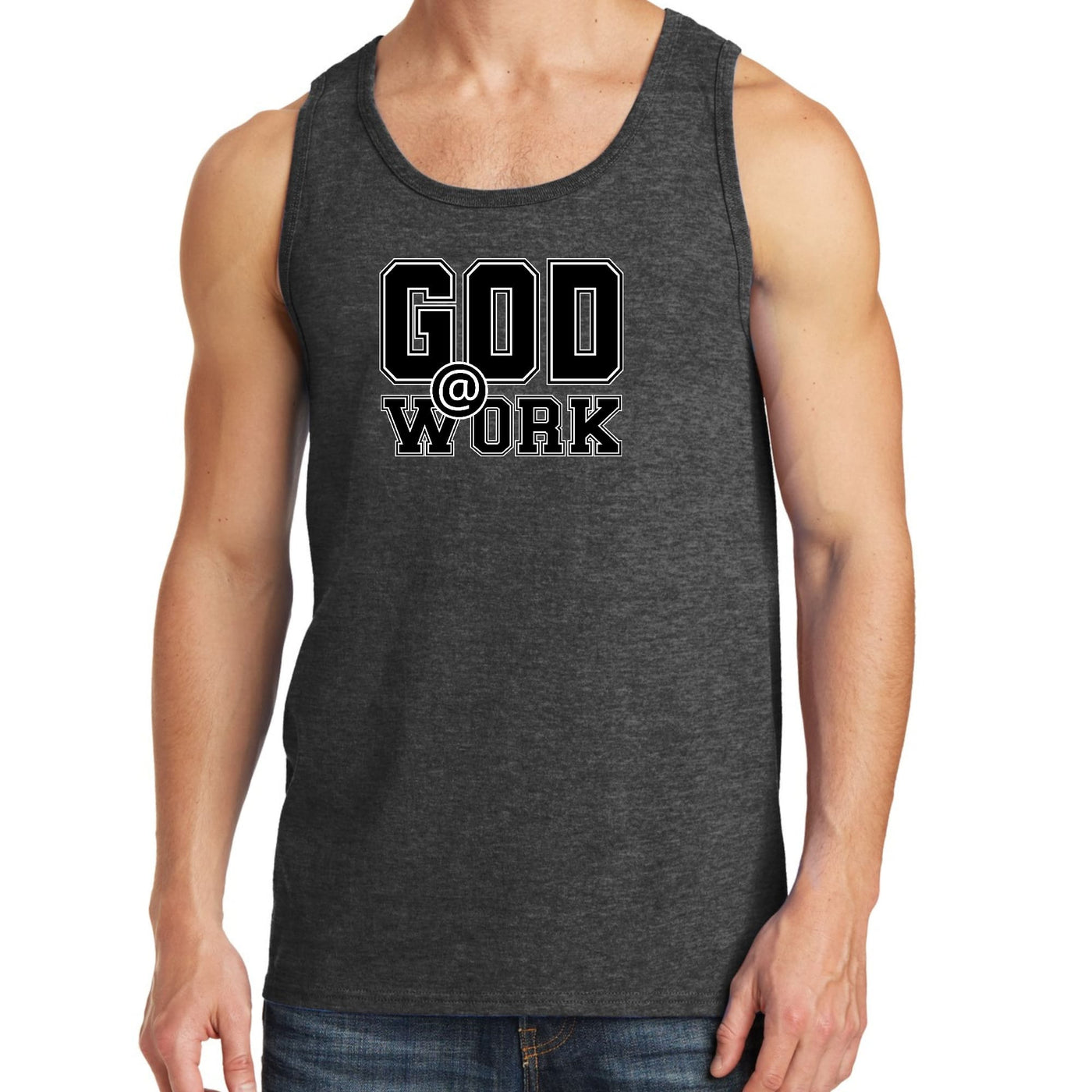 Mens Fitness Tank Top Graphic T-shirt God @ Work Print - Mens | Tank Tops