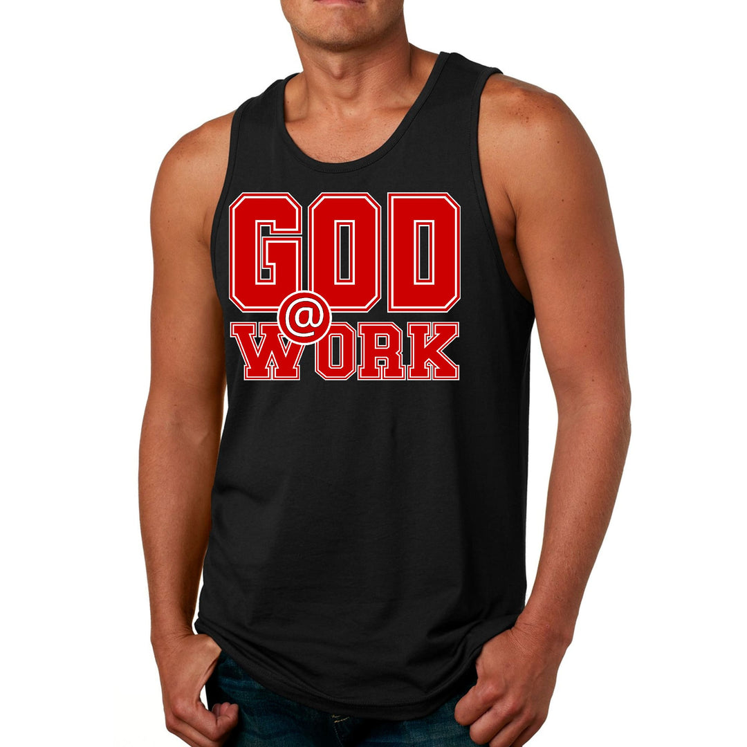 Mens Fitness Tank Top Graphic T-shirt God @ Work Red and White Print - Mens