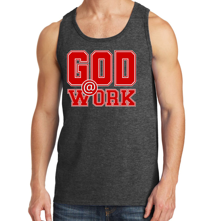 Mens Fitness Tank Top Graphic T-shirt God @ Work Red and White Print - Mens