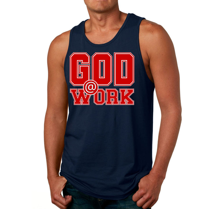 Mens Fitness Tank Top Graphic T-shirt God @ Work Red and White Print - Mens