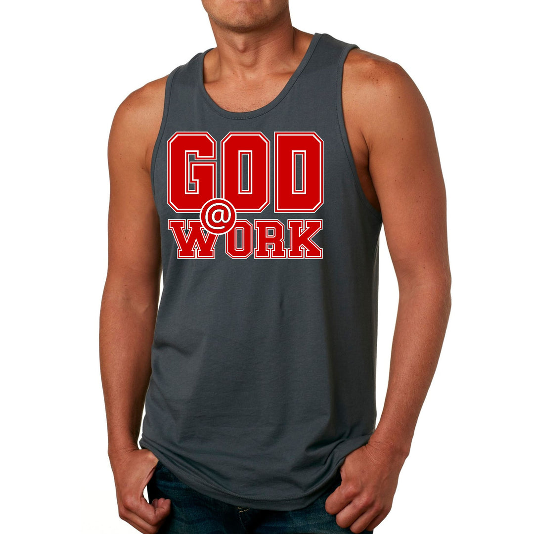 Mens Fitness Tank Top Graphic T-shirt God @ Work Red and White Print - Mens