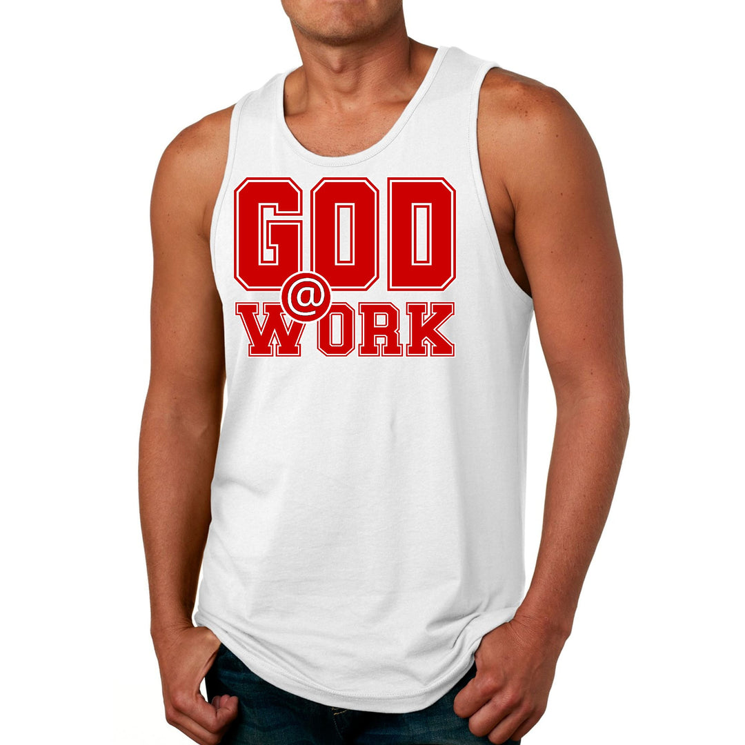 Mens Fitness Tank Top Graphic T-shirt God @ Work Red and White Print - Mens