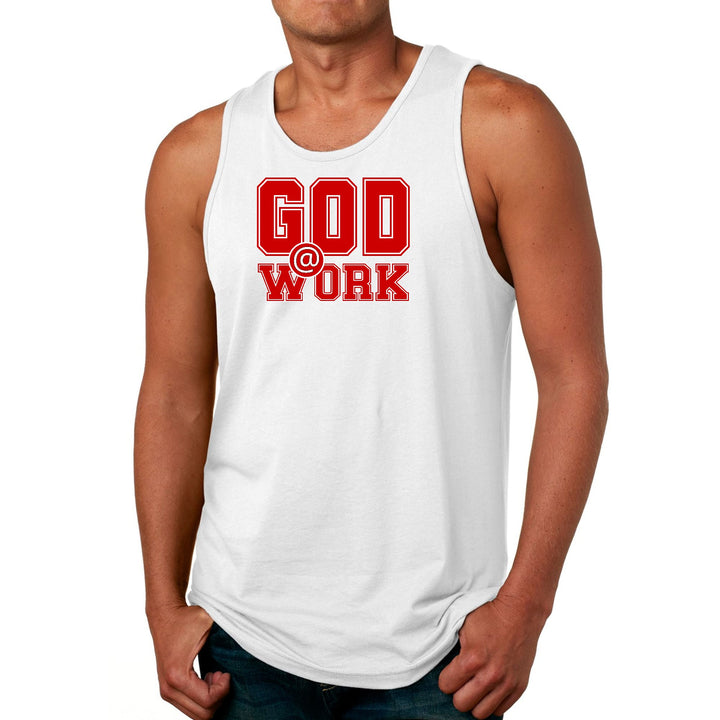 Mens Fitness Tank Top Graphic T-shirt God @ Work Red And White Print - Mens