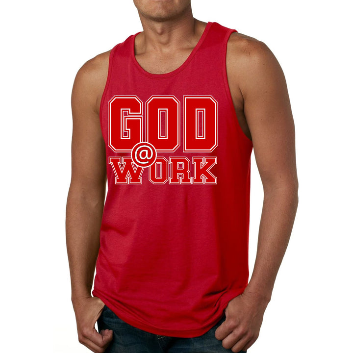 Mens Fitness Tank Top Graphic T-shirt God @ Work Red and White Print - Mens