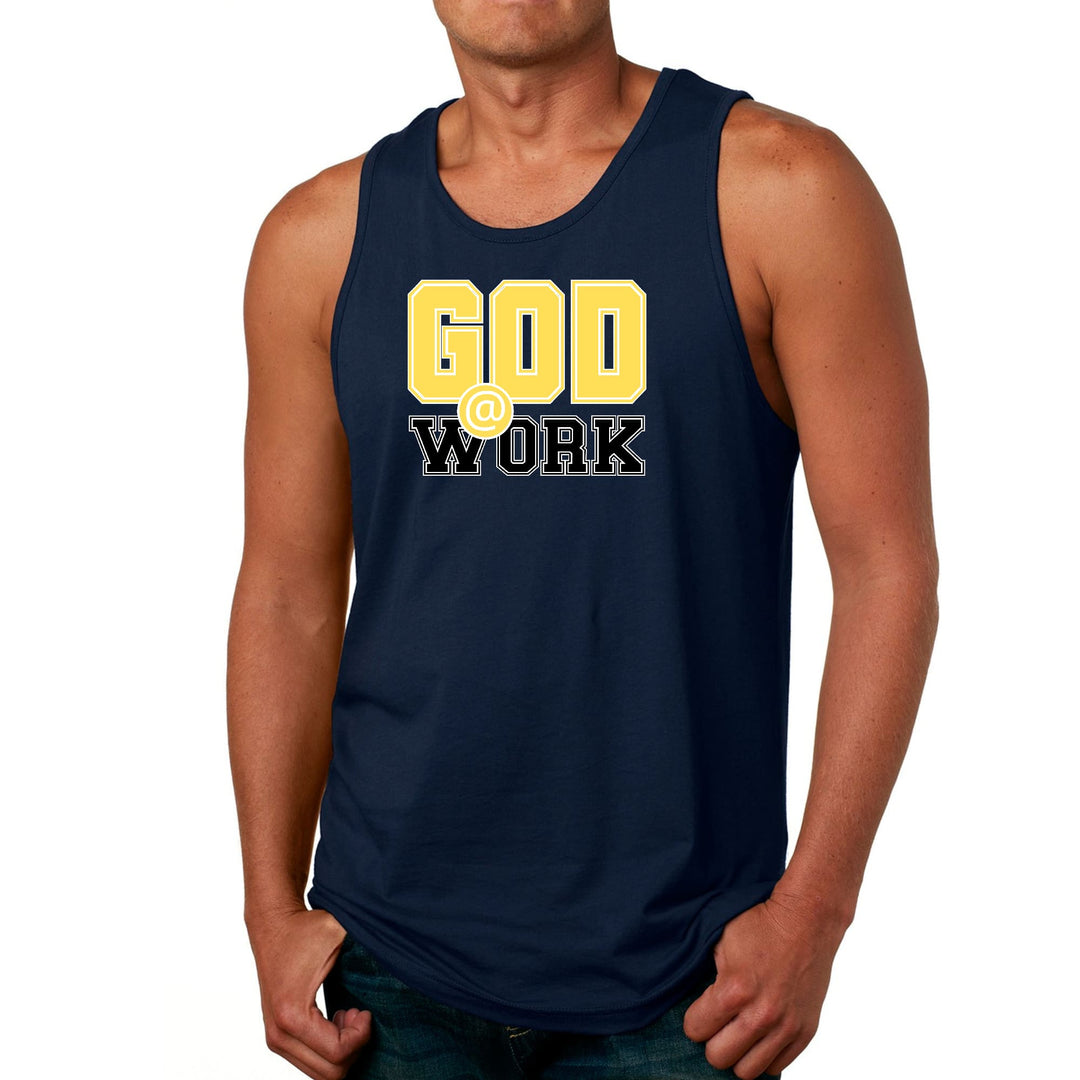 Mens Fitness Tank Top Graphic T-shirt God @ Work Yellow And Black - Mens | Tank