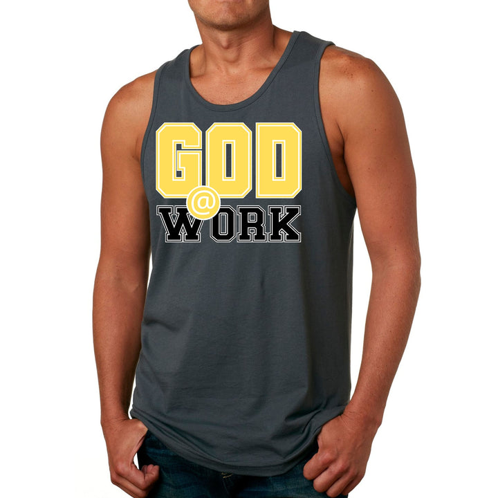 Mens Fitness Tank Top Graphic T-shirt God @ Work Yellow and Black - Mens | Tank