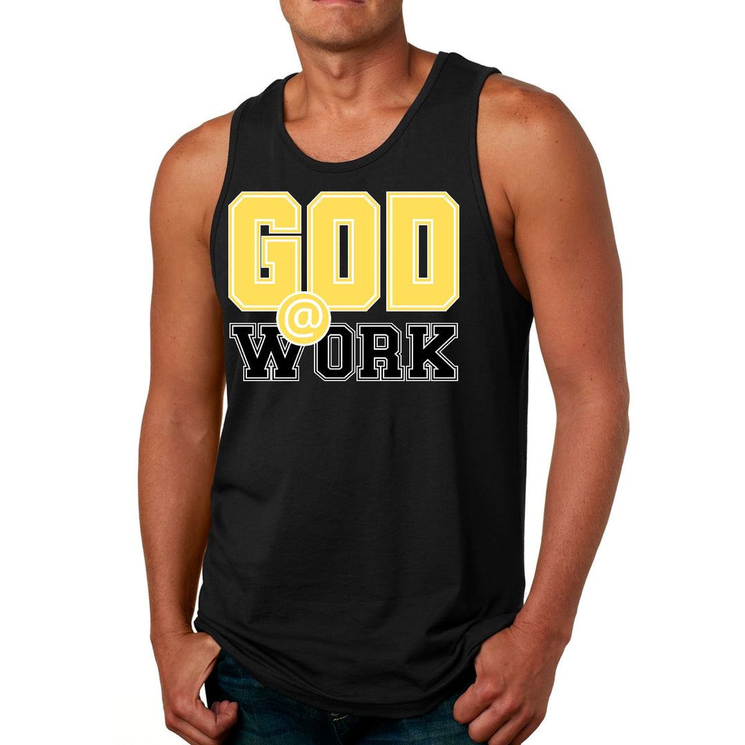 Mens Fitness Tank Top Graphic T-shirt God @ Work Yellow and Black - Mens | Tank