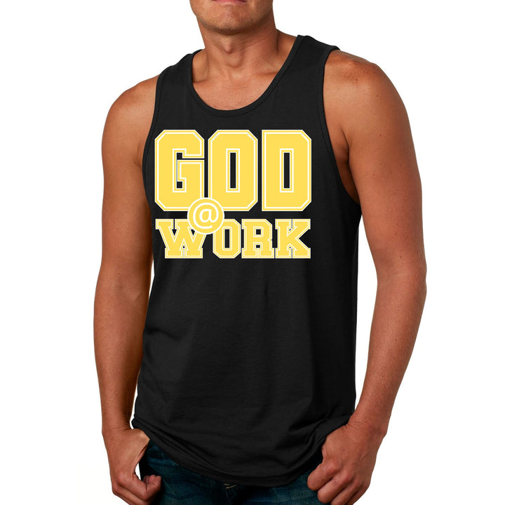 Mens Fitness Tank Top Graphic T-shirt God @ Work Yellow and White - Mens | Tank