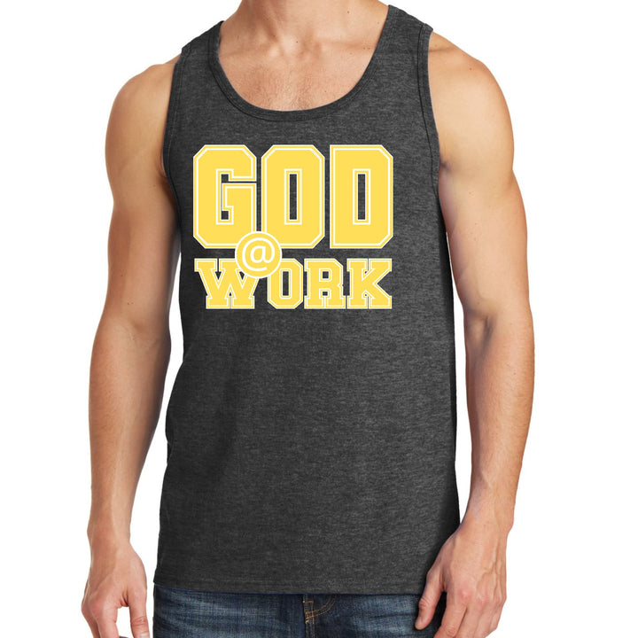 Mens Fitness Tank Top Graphic T-shirt God @ Work Yellow and White - Mens | Tank