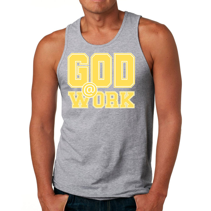 Mens Fitness Tank Top Graphic T-shirt God @ Work Yellow and White - Mens | Tank