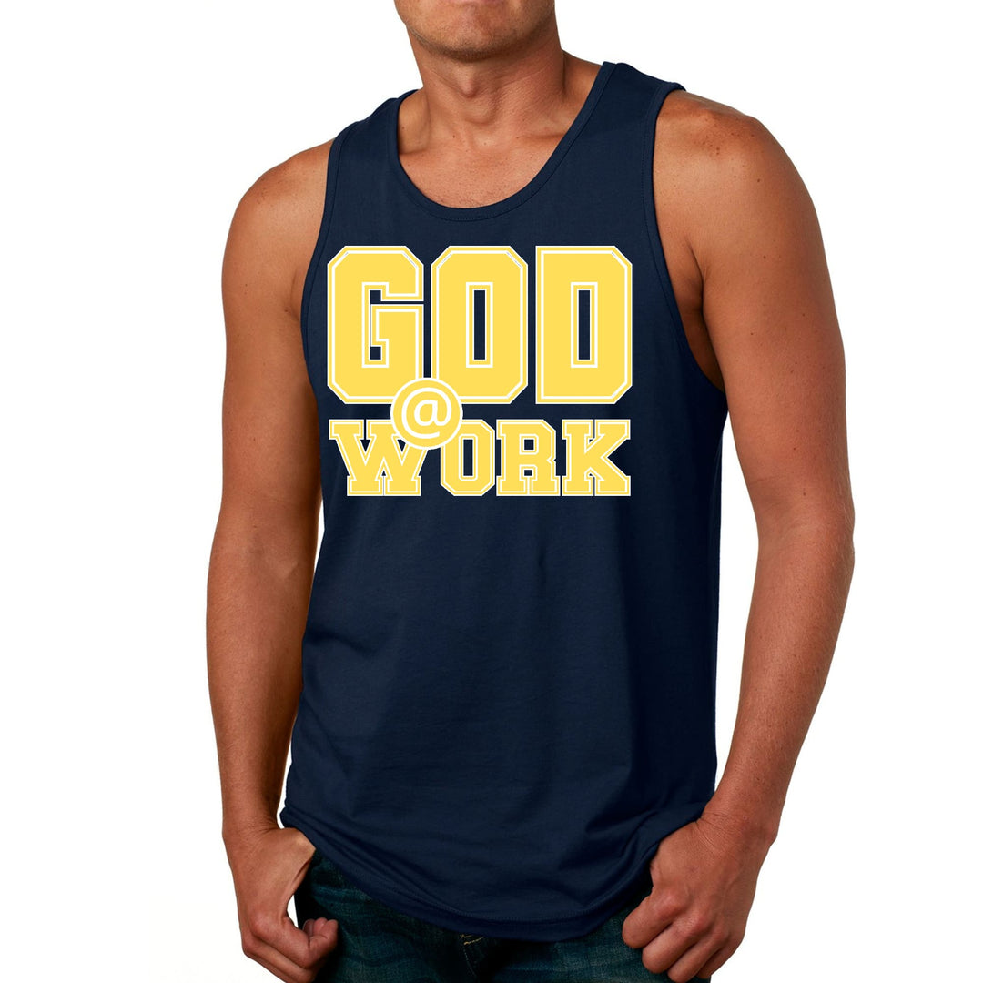 Mens Fitness Tank Top Graphic T-shirt God @ Work Yellow and White - Mens | Tank