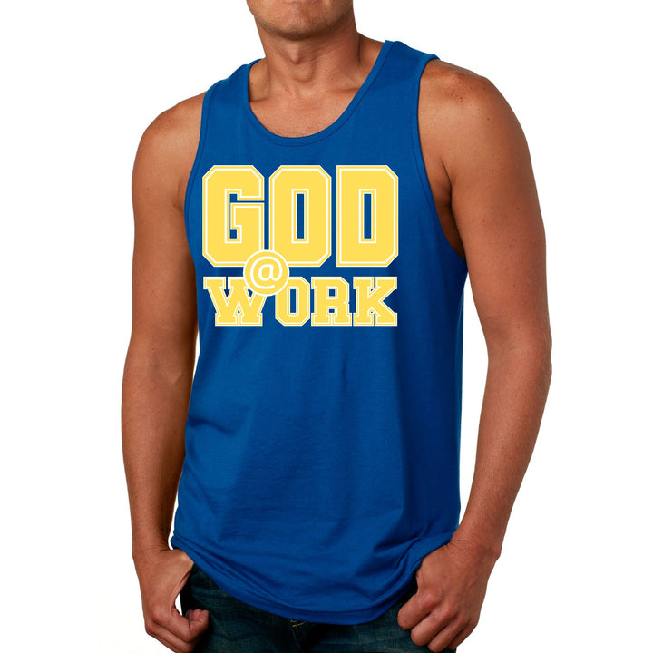 Mens Fitness Tank Top Graphic T-shirt God @ Work Yellow and White - Mens | Tank