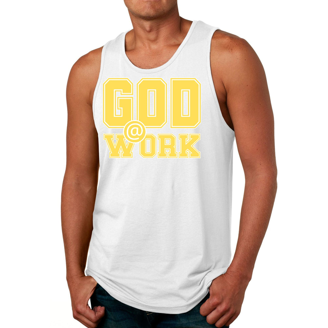 Mens Fitness Tank Top Graphic T-shirt God @ Work Yellow and White - Mens | Tank