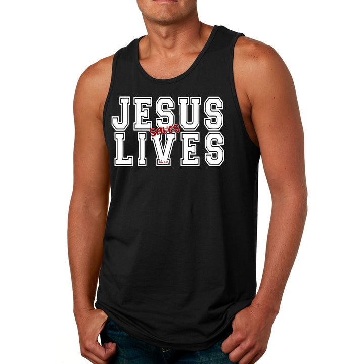 Mens Fitness Tank Top Graphic T-shirt Jesus Saves Lives White Red - Mens | Tank