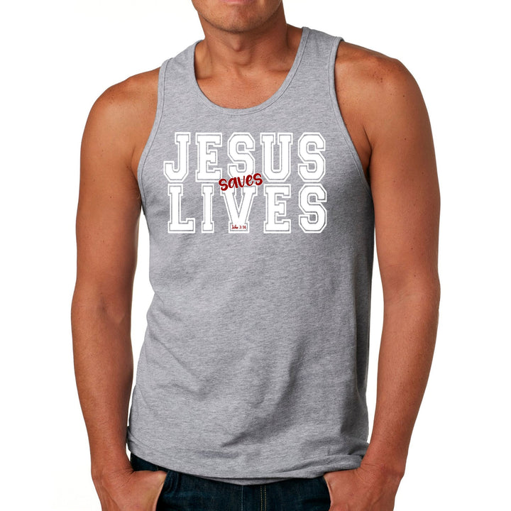 Mens Fitness Tank Top Graphic T-shirt Jesus Saves Lives White Red - Mens | Tank