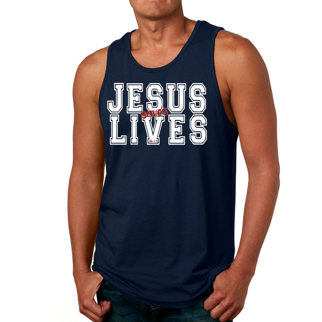 Mens Fitness Tank Top Graphic T-shirt Jesus Saves Lives White Red - Mens | Tank