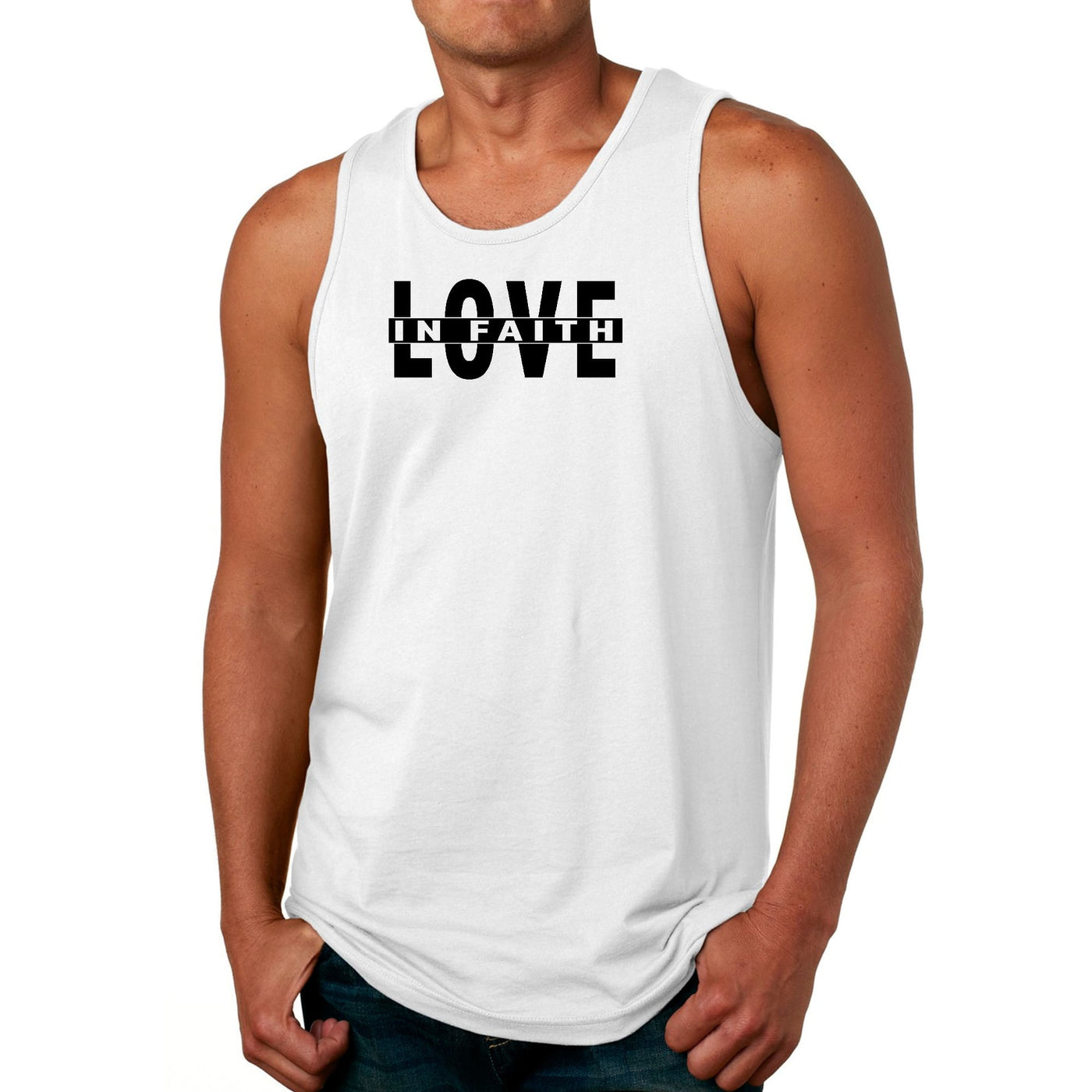 Mens Fitness Tank Top Graphic T-shirt Love In Faith Black Illustration - Mens