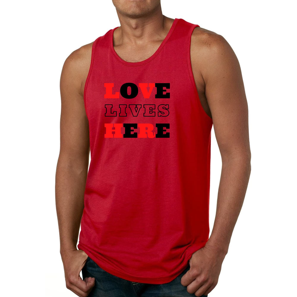 Mens Fitness Tank Top Graphic T-shirt Love Lives Here Christian Red - Mens