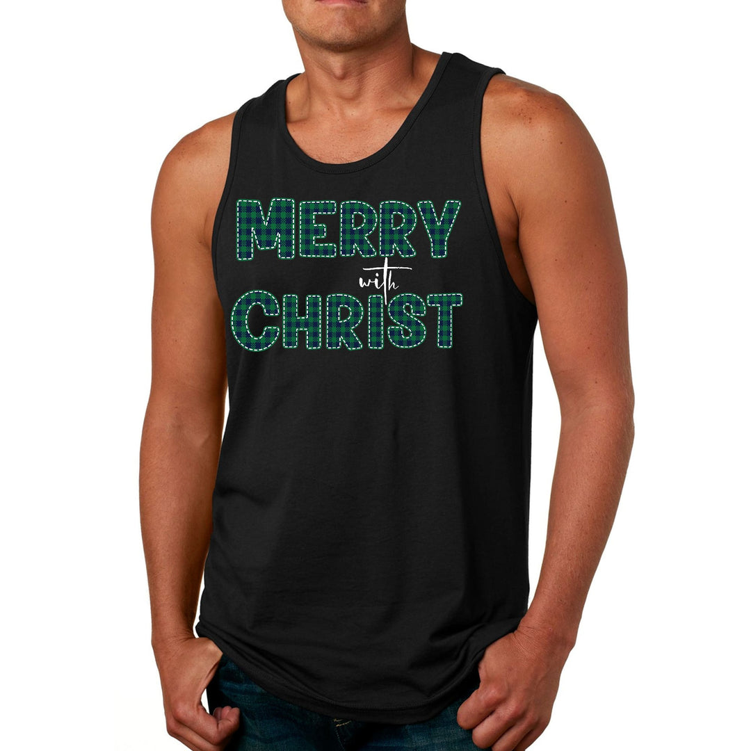 Mens Fitness Tank Top Graphic T-shirt Merry with Christ Green Plaid - Mens