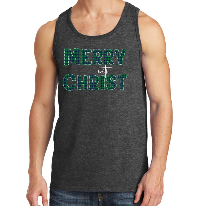 Mens Fitness Tank Top Graphic T-shirt Merry with Christ - Green Plaid - Mens