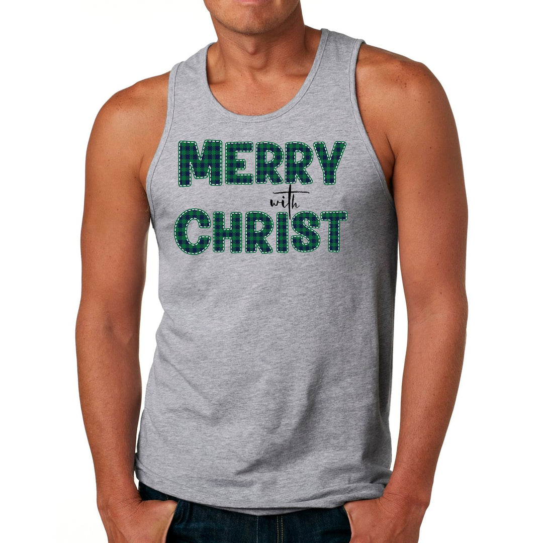 Mens Fitness Tank Top Graphic T-shirt Merry with Christ Green Plaid - Mens