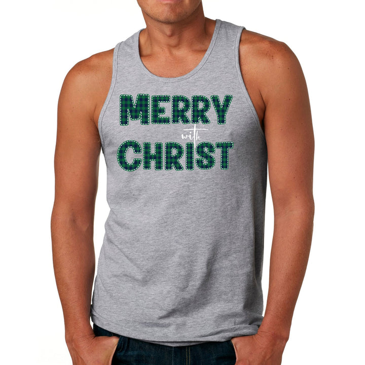 Mens Fitness Tank Top Graphic T-shirt Merry with Christ - Green Plaid - Mens