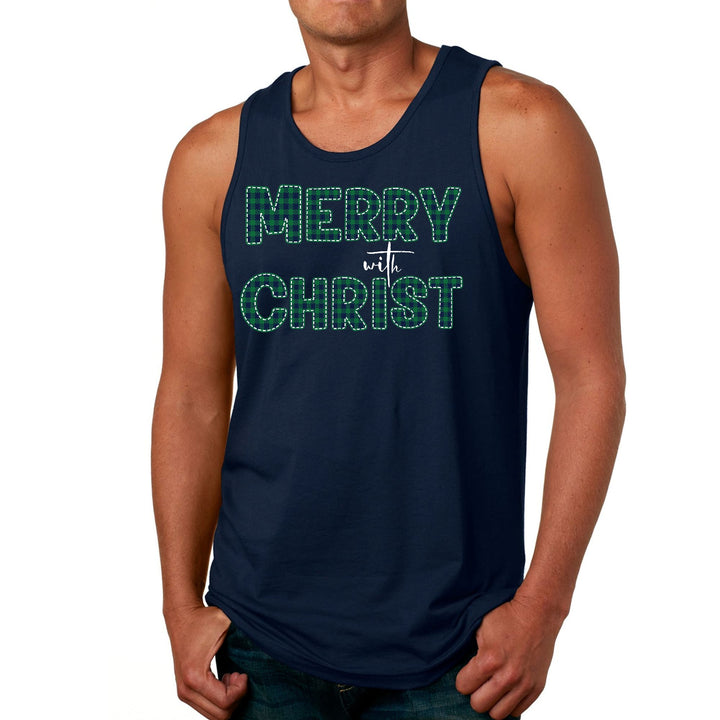 Mens Fitness Tank Top Graphic T-shirt Merry with Christ - Green Plaid - Mens