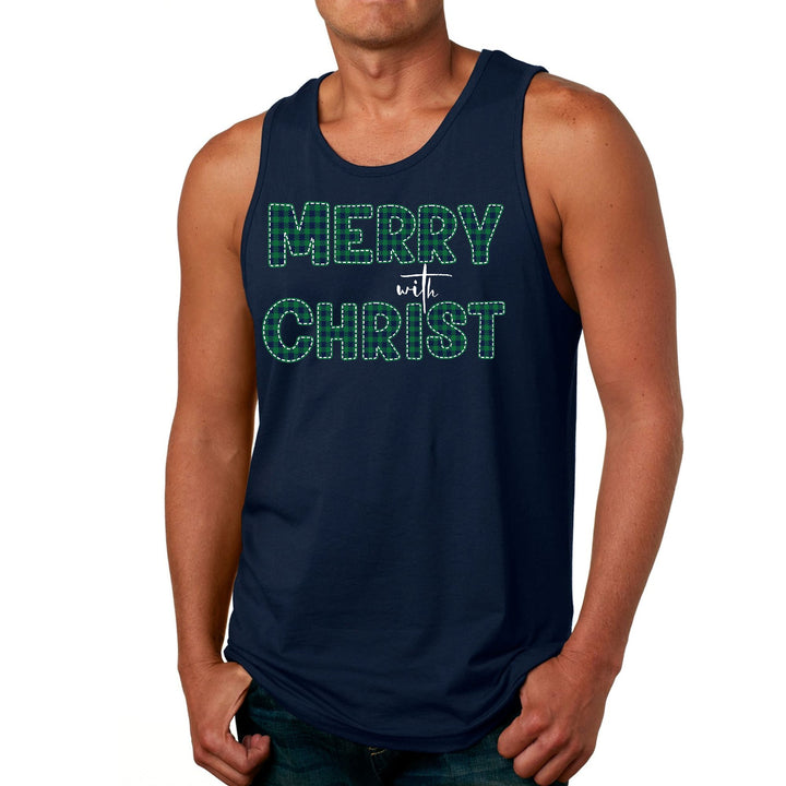 Mens Fitness Tank Top Graphic T-shirt Merry With Christ Green Plaid - Mens