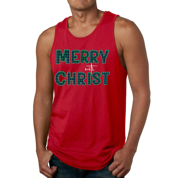 Mens Fitness Tank Top Graphic T-shirt Merry with Christ - Green Plaid - Mens