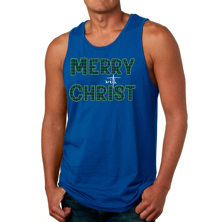 Mens Fitness Tank Top Graphic T-shirt Merry with Christ - Green Plaid - Mens